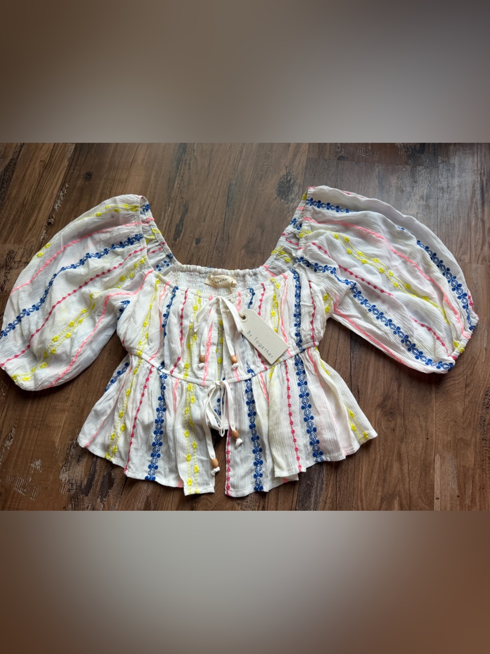By Together White Peasant Blouse with Blue, Pink & Yellow Embroidery